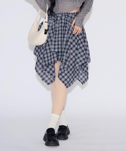 tinkerend(ティンカーエンド)の「Check Wrap Mini Skirt / チェックラップミニスカート シャツレイヤード(スカート・レディース・ブルー/ホワイト・FREE)」の17枚目の写真