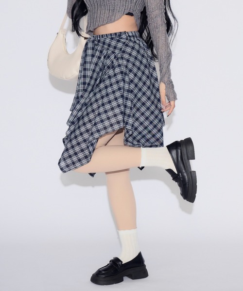 tinkerend(ティンカーエンド)の「Check Wrap Mini Skirt / チェックラップミニスカート シャツレイヤード(スカート・レディース・ブルー/ホワイト・FREE)」の18枚目の写真