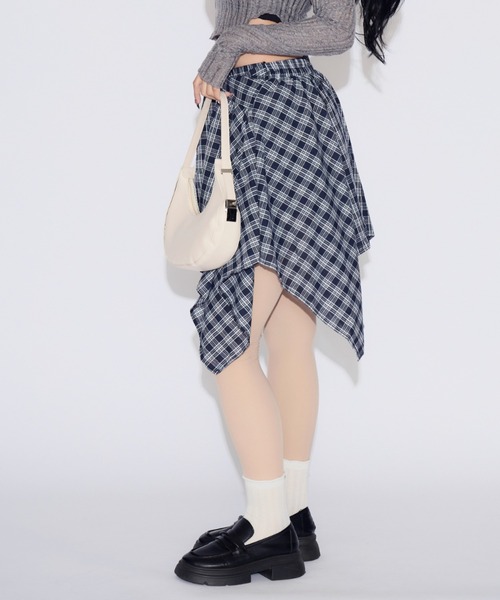 tinkerend(ティンカーエンド)の「Check Wrap Mini Skirt / チェックラップミニスカート シャツレイヤード(スカート・レディース・ブルー/ホワイト・FREE)」の21枚目の写真