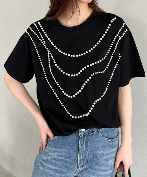 セール】パール付き半袖Tシャツ（Tシャツ/カットソー）｜MYMOOD