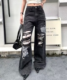【新色追加】レースダメージデニムワイドパンツ