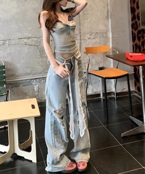 SHEENA(シーナ)の「【新色追加】レースダメージデニムワイドパンツ(デニムパンツ・レディース・サックスブルー/ブラック・L/M/S)」の7枚目の写真