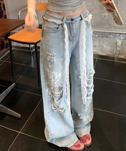 SHEENA(シーナ)の「【新色追加】レースダメージデニムワイドパンツ(デニムパンツ・レディース・サックスブルー/ブラック・L/M/S)」の8枚目の写真