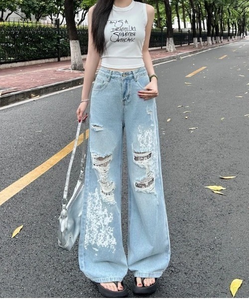 SHEENA(シーナ)の「【新色追加】レースダメージデニムワイドパンツ(デニムパンツ・レディース・サックスブルー/ブラック・L/M/S)」の12枚目の写真
