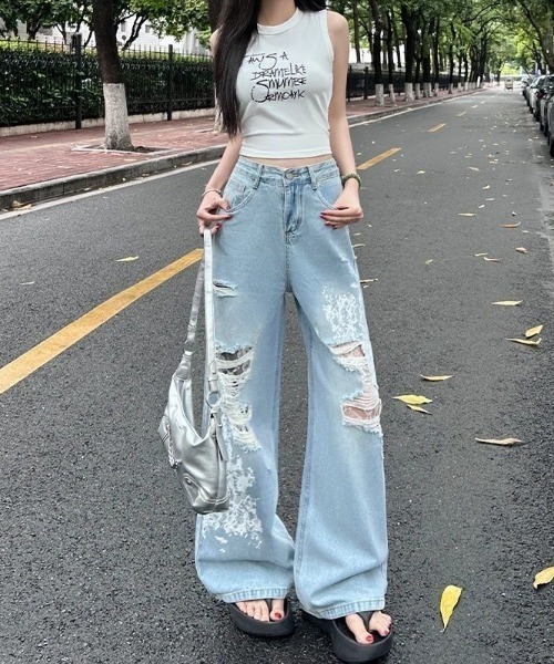 SHEENA(シーナ)の「【新色追加】レースダメージデニムワイドパンツ(デニムパンツ・レディース・サックスブルー/ブラック・L/M/S)」の15枚目の写真