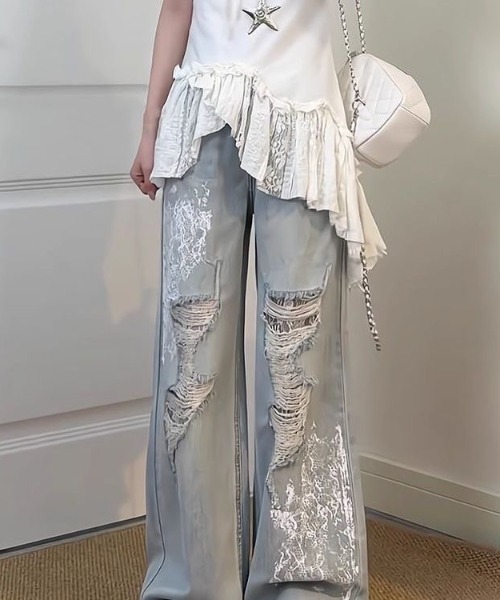 SHEENA(シーナ)の「【新色追加】レースダメージデニムワイドパンツ(デニムパンツ・レディース・サックスブルー/ブラック・L/M/S)」の17枚目の写真