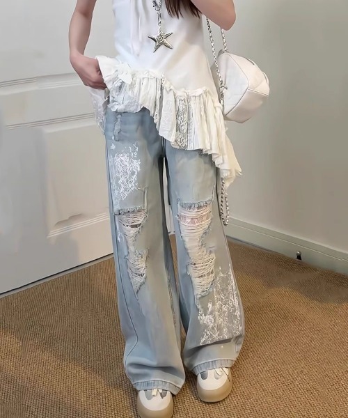 SHEENA(シーナ)の「【新色追加】レースダメージデニムワイドパンツ(デニムパンツ・レディース・サックスブルー/ブラック・L/M/S)」の19枚目の写真