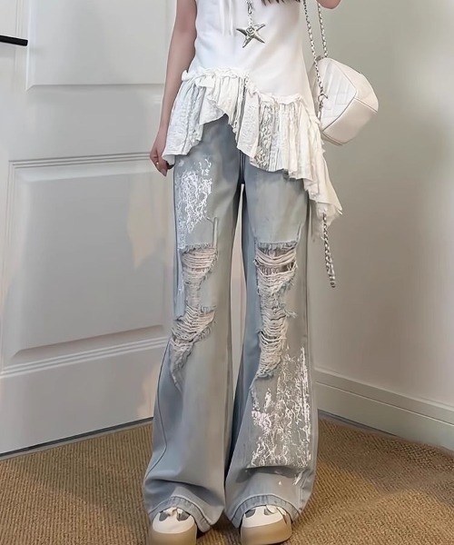 SHEENA(シーナ)の「【新色追加】レースダメージデニムワイドパンツ(デニムパンツ・レディース・サックスブルー/ブラック・L/M/S)」の20枚目の写真