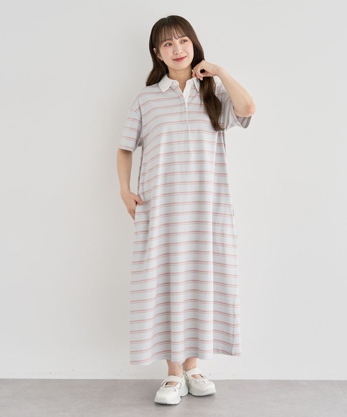 Sugar spoon（シュガースプーン）の「・SUGAR SPOON ボーダーポロワンピース（ワンピース・レディース・カーキ/ライトグレー/チャコールグレー・FREE）」の2枚目の写真