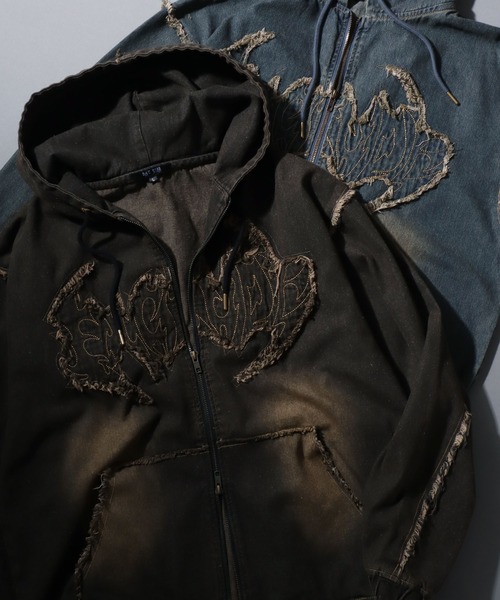 Tribal Design Fringe Denim Hoodie/トライバルロゴ フリンジ ショート