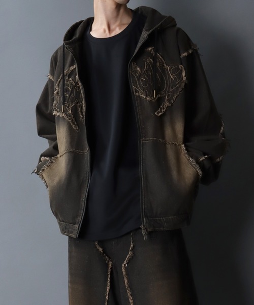 セール】Tribal Design Fringe Denim Hoodie/トライバルロゴ