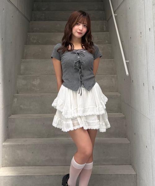 Lae（レイ）の「チェックレイヤードトップス（Tシャツ/カットソー・レディース・グレー/ライトブルー・フリー）」の5枚目の写真