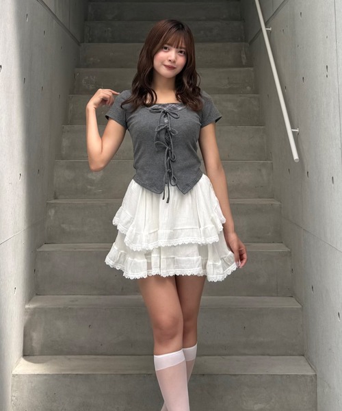 Lae（レイ）の「チェックレイヤードトップス（Tシャツ/カットソー・レディース・グレー/ライトブルー・フリー）」の6枚目の写真