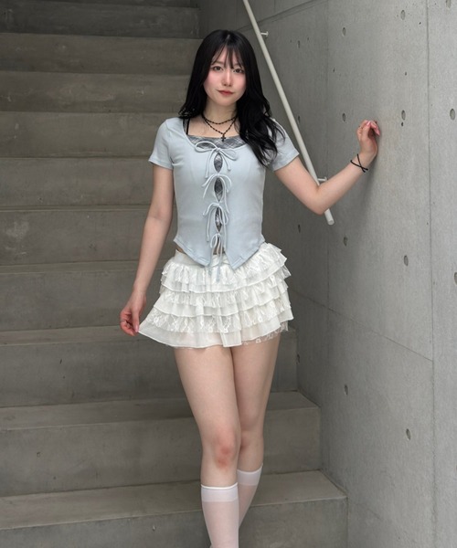 Lae（レイ）の「チェックレイヤードトップス（Tシャツ/カットソー・レディース・グレー/ライトブルー・フリー）」の9枚目の写真