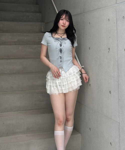 Lae（レイ）の「チェックレイヤードトップス（Tシャツ/カットソー・レディース・グレー/ライトブルー・フリー）」の8枚目の写真