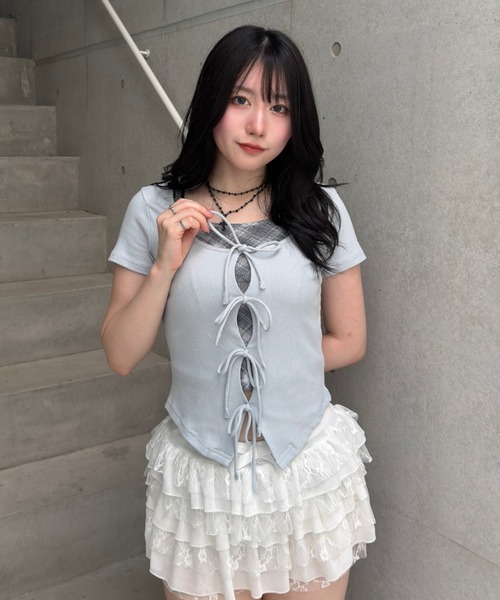 Lae（レイ）の「チェックレイヤードトップス（Tシャツ/カットソー・レディース・グレー/ライトブルー・フリー）」の7枚目の写真