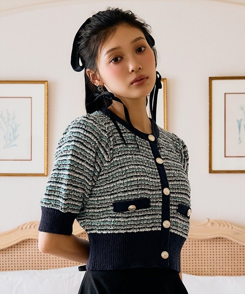 AND COUTURE(アンドクチュール)の「MIX配色5分袖プルオーバー(ニット/セーター・レディース・ブラック/ネイビー/グリーン・FREE)」の1枚目の写真