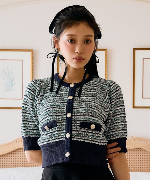 AND COUTURE(アンドクチュール)の「MIX配色5分袖プルオーバー(ニット/セーター・レディース・ブラック/ネイビー/グリーン・FREE)」の14枚目の写真