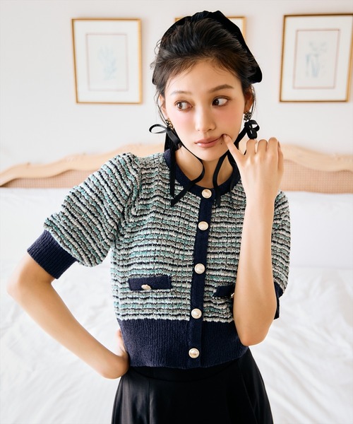AND COUTURE(アンドクチュール)の「MIX配色5分袖プルオーバー(ニット/セーター・レディース・ブラック/ネイビー/グリーン・FREE)」の15枚目の写真