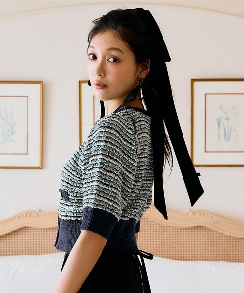 AND COUTURE(アンドクチュール)の「MIX配色5分袖プルオーバー(ニット/セーター・レディース・ブラック/ネイビー/グリーン・FREE)」の16枚目の写真