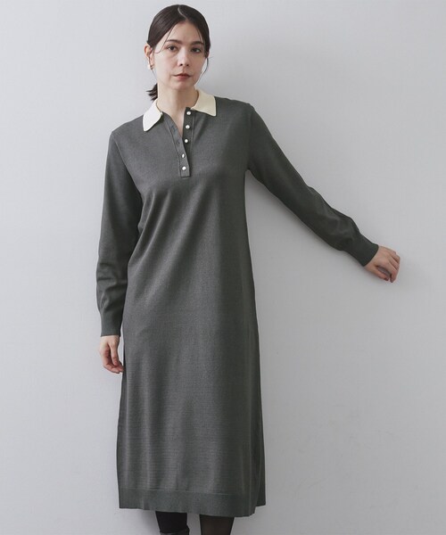 OPAQUE.CLIP(オペークドットクリップ)の「配色ポロ衿ニットワンピース【洗濯機OK】(ワンピース・レディース・チャコール/ブラウン系その他5・38/40)」の2枚目の写真