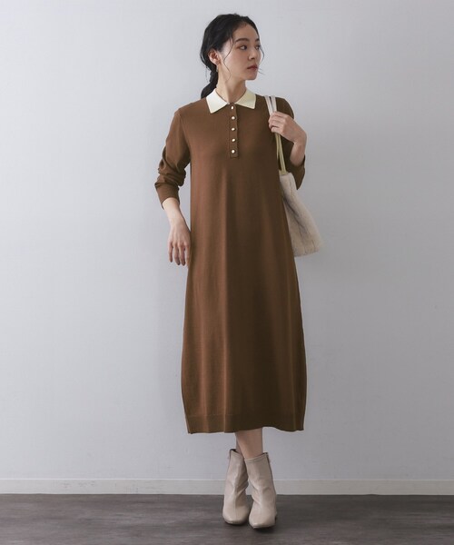 OPAQUE.CLIP(オペークドットクリップ)の「配色ポロ衿ニットワンピース【洗濯機OK】(ワンピース・レディース・チャコール/ブラウン系その他5・38/40)」の1枚目の写真