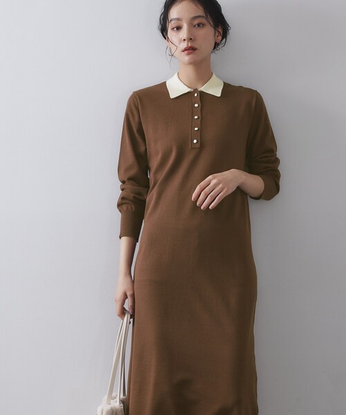 OPAQUE.CLIP(オペークドットクリップ)の「配色ポロ衿ニットワンピース【洗濯機OK】(ワンピース・レディース・チャコール/ブラウン系その他5・38/40)」の7枚目の写真