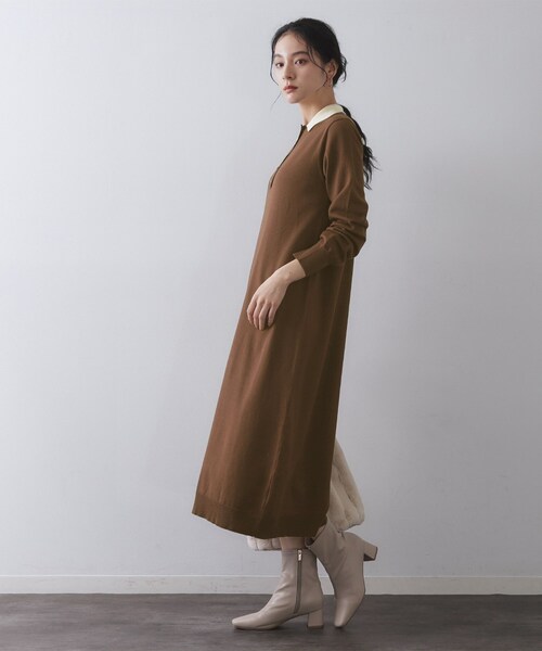 OPAQUE.CLIP(オペークドットクリップ)の「配色ポロ衿ニットワンピース【洗濯機OK】(ワンピース・レディース・チャコール/ブラウン系その他5・38/40)」の9枚目の写真