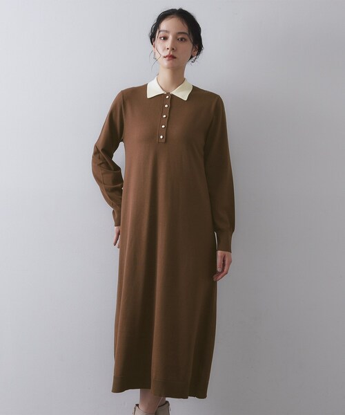 OPAQUE.CLIP(オペークドットクリップ)の「配色ポロ衿ニットワンピース【洗濯機OK】(ワンピース・レディース・チャコール/ブラウン系その他5・38/40)」の11枚目の写真