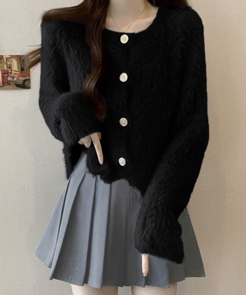 Miniministore(ミニミニストア)の「シャギーニットカーディガンふわふわ秋冬服(ブルゾン・レディース・ブラック/アイボリー・FREE)」の9枚目の写真