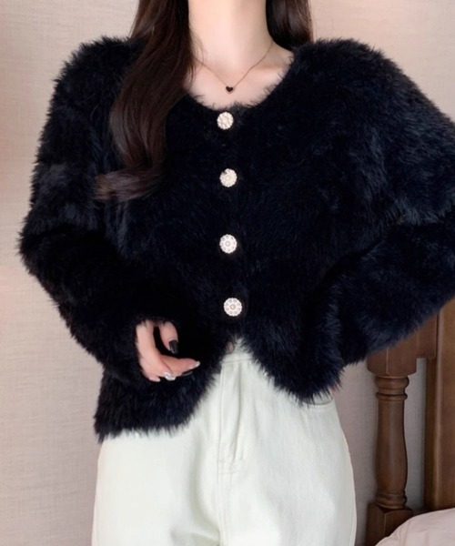 Miniministore(ミニミニストア)の「シャギーニットカーディガンふわふわ秋冬服(ブルゾン・レディース・ブラック/アイボリー・FREE)」の10枚目の写真