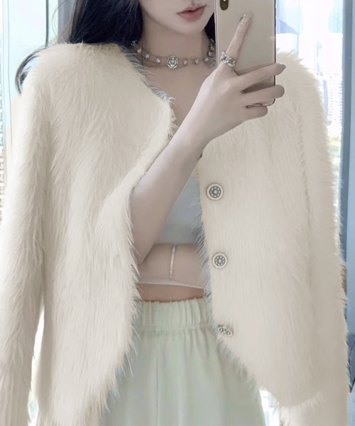 Miniministore(ミニミニストア)の「シャギーニットカーディガンふわふわ秋冬服(ブルゾン・レディース・ブラック/アイボリー・FREE)」の14枚目の写真