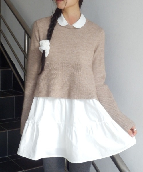 GENERAL IDEA(ジェネラルアイデア)の「【GENERAL IDEA】ニットレイヤードシャツワンピース / WOMAN KNIT LAYERED RUFFLE SHIRT ONE-PIECE(ワンピース・レディース・ベージュ/チャコール・L/M/S)」の2枚目の写真