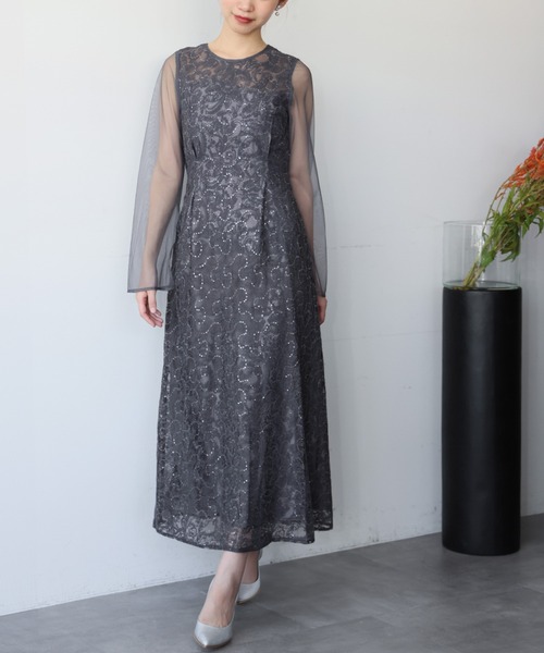 セール】リーフエンブロイダリーバックデザインドレス シアー