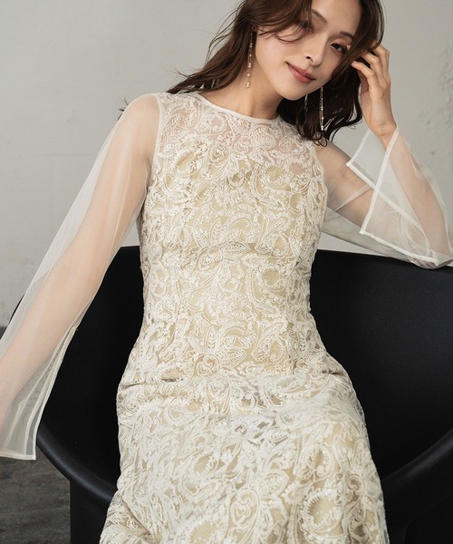 セール】リーフエンブロイダリーバックデザインドレス シアー