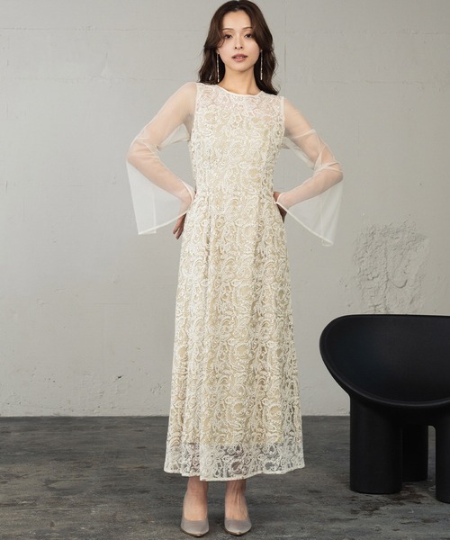 セール】リーフエンブロイダリーバックデザインドレス シアー