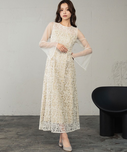 girl（ガール）の「リーフエンブロイダリーバックデザインドレス シアー スパンコール 刺繍 結婚式 ワンピース パーティードレス オケージョンドレス お呼ばれ 二次会 成人式 同窓会 謝恩会（ドレス・レディース・グリーン/イエロー/チャコールグレー/ブラック・L/M/S）」の7枚目の写真