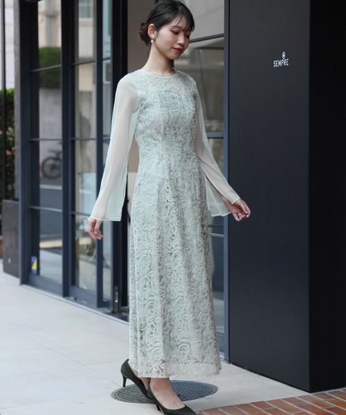 セール】リーフエンブロイダリーバックデザインドレス シアー