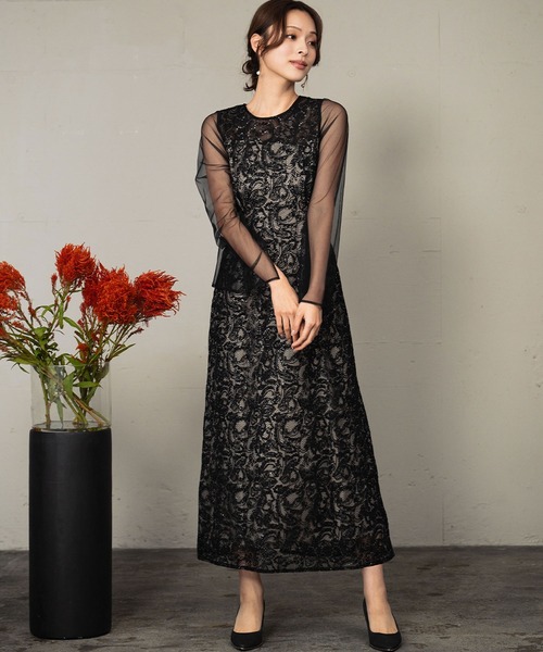 セール】リーフエンブロイダリーバックデザインドレス シアー