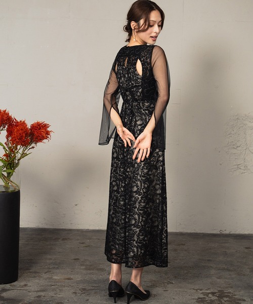 セール】リーフエンブロイダリーバックデザインドレス シアー