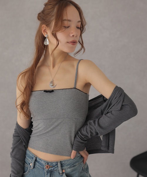 Lace Ladies(レースレディース)の「配色 フリル ソリッドカラー リボン付き コンパクト キャミソール(キャミソール・レディース・ホワイト/ブラック/グレー・FREE)」の14枚目の写真