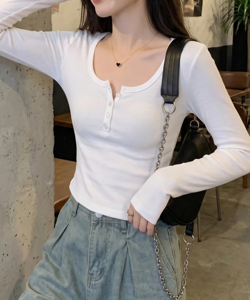 cammie(キャミー)の「ヘンリーネックトップス(Tシャツ/カットソー・レディース・ブラック/ホワイト/グレー・M/L)」の16枚目の写真