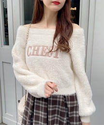 オフショルレザーロゴ貼付シャギーニット