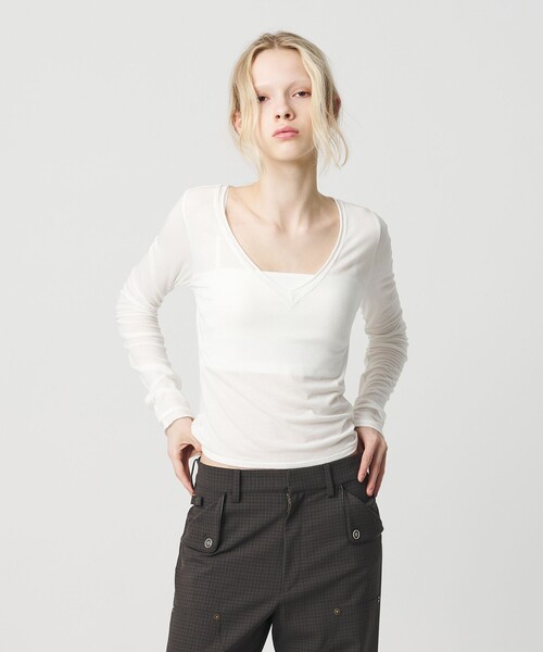 ATTISESSION（アティセッション）の「＜ATTISESSION＞Vネック ロングスリーブ トップス（Tシャツ/カットソー・レディース・グレー系/ネイビー/ホワイト・FREE）」の4枚目の写真