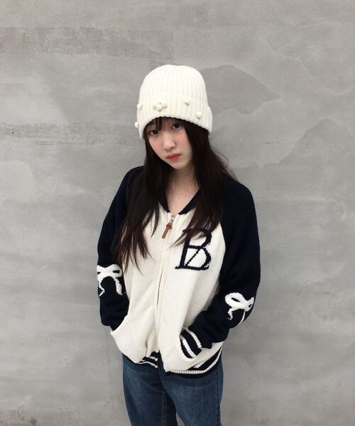 BELLOL（ベロエル）の「Big logo ribbon knit zip-Up NAVY（ニット/セーター・レディース・その他・FREE）」の6枚目の写真