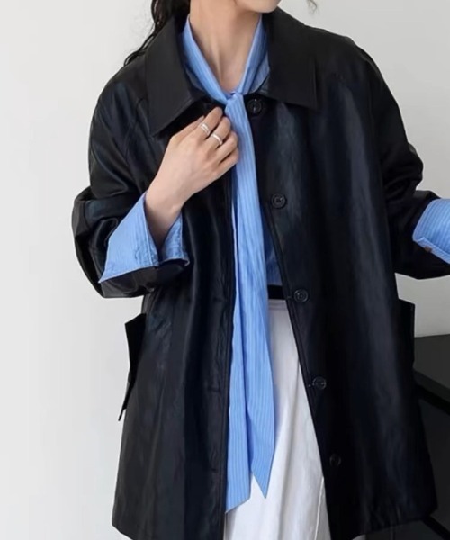 Ritzy(リッツィー)の「ミドルレングス フェイクレザー ジャケット(ピーコート・レディース・モカ/ブラック・M)」の19枚目の写真