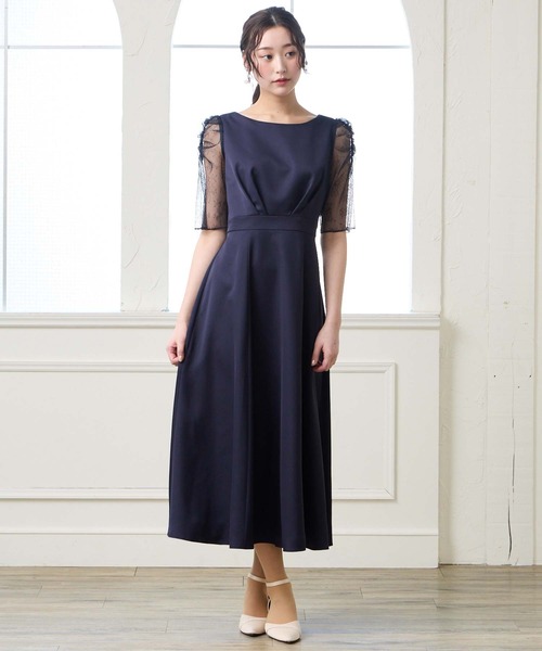 AIMER（エメ）の「サテンレースギャザースリーブフレアパーティードレス　結婚式　お呼ばれ　ドレス　20代 30代（ドレス・レディース・ネイビー/ピンク/サックスブルー・MEDIUM）」の2枚目の写真