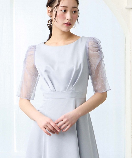 AIMER（エメ）の「サテンレースギャザースリーブフレアパーティードレス　結婚式　お呼ばれ　ドレス　20代 30代（ドレス・レディース・ネイビー/ピンク/サックスブルー・MEDIUM）」の3枚目の写真