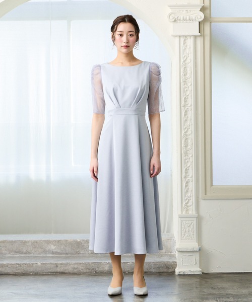 AIMER（エメ）の「サテンレースギャザースリーブフレアパーティードレス　結婚式　お呼ばれ　ドレス　20代 30代（ドレス・レディース・ネイビー/ピンク/サックスブルー・MEDIUM）」の4枚目の写真