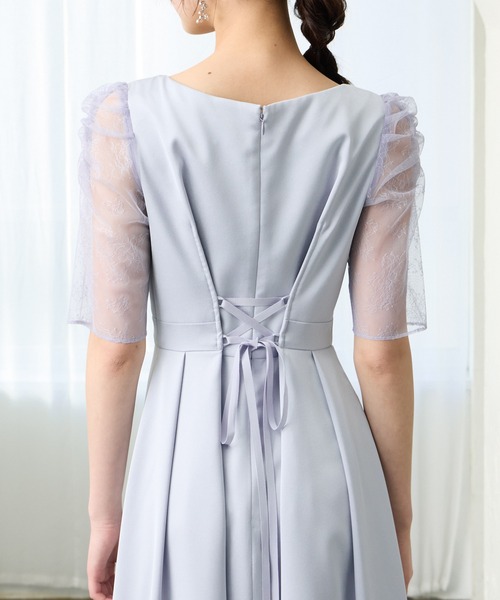 AIMER（エメ）の「サテンレースギャザースリーブフレアパーティードレス　結婚式　お呼ばれ　ドレス　20代 30代（ドレス・レディース・ネイビー/ピンク/サックスブルー・MEDIUM）」の8枚目の写真